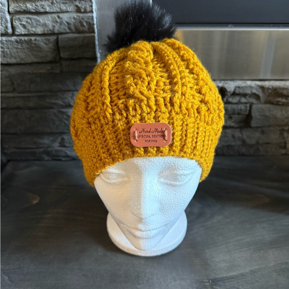 Mustard Knit Beanie with Pom